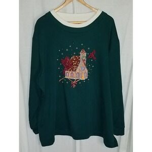 VTG Bobbie Brooks Women Green Sweatshirt Bird Christmas Chruch Long Sleeve 22/24